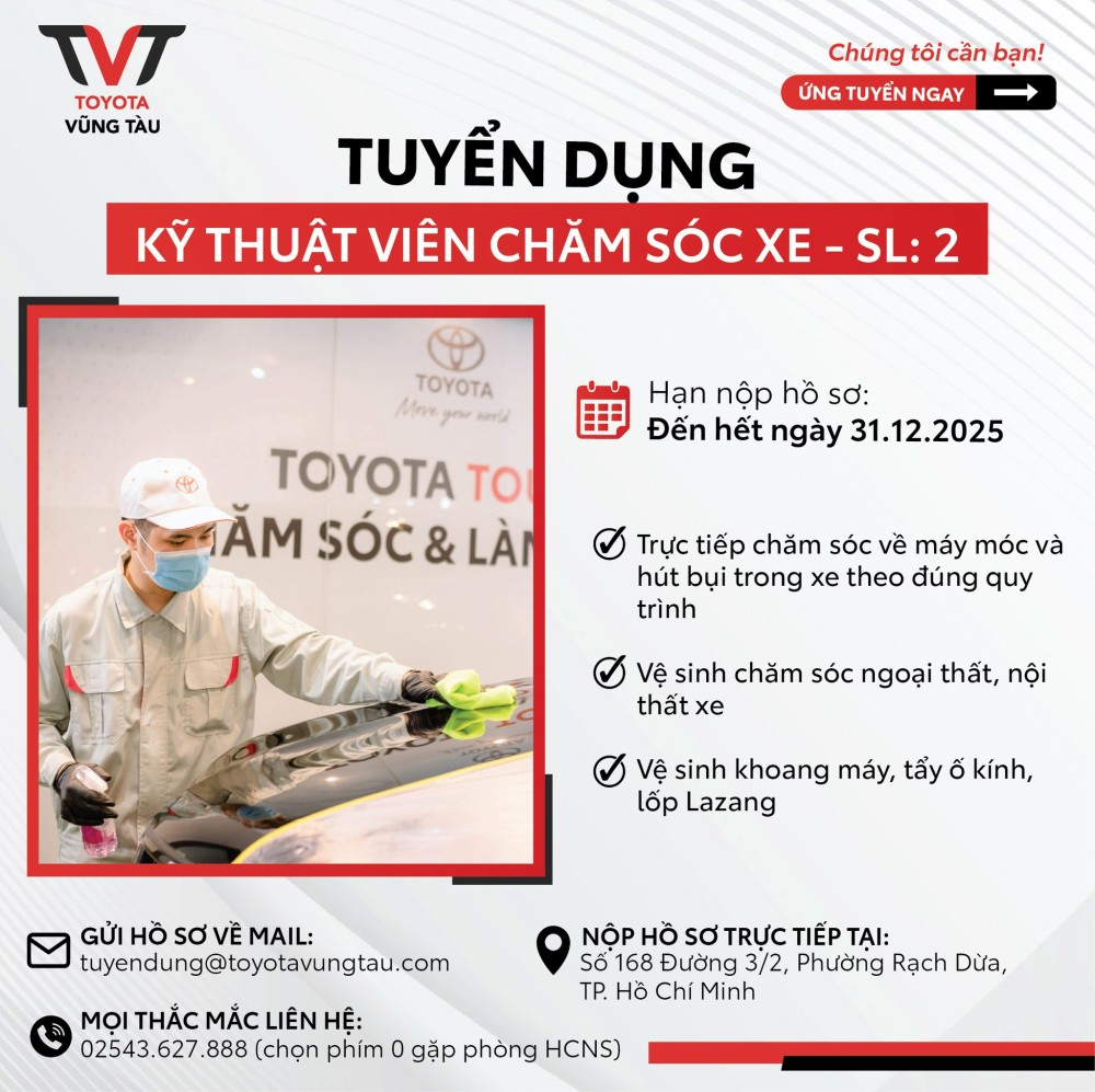 Toyota VŨng TÀu TuyỂn DỤng: KỸ ThuẬt ViÊn ChĂm SÓc Xe