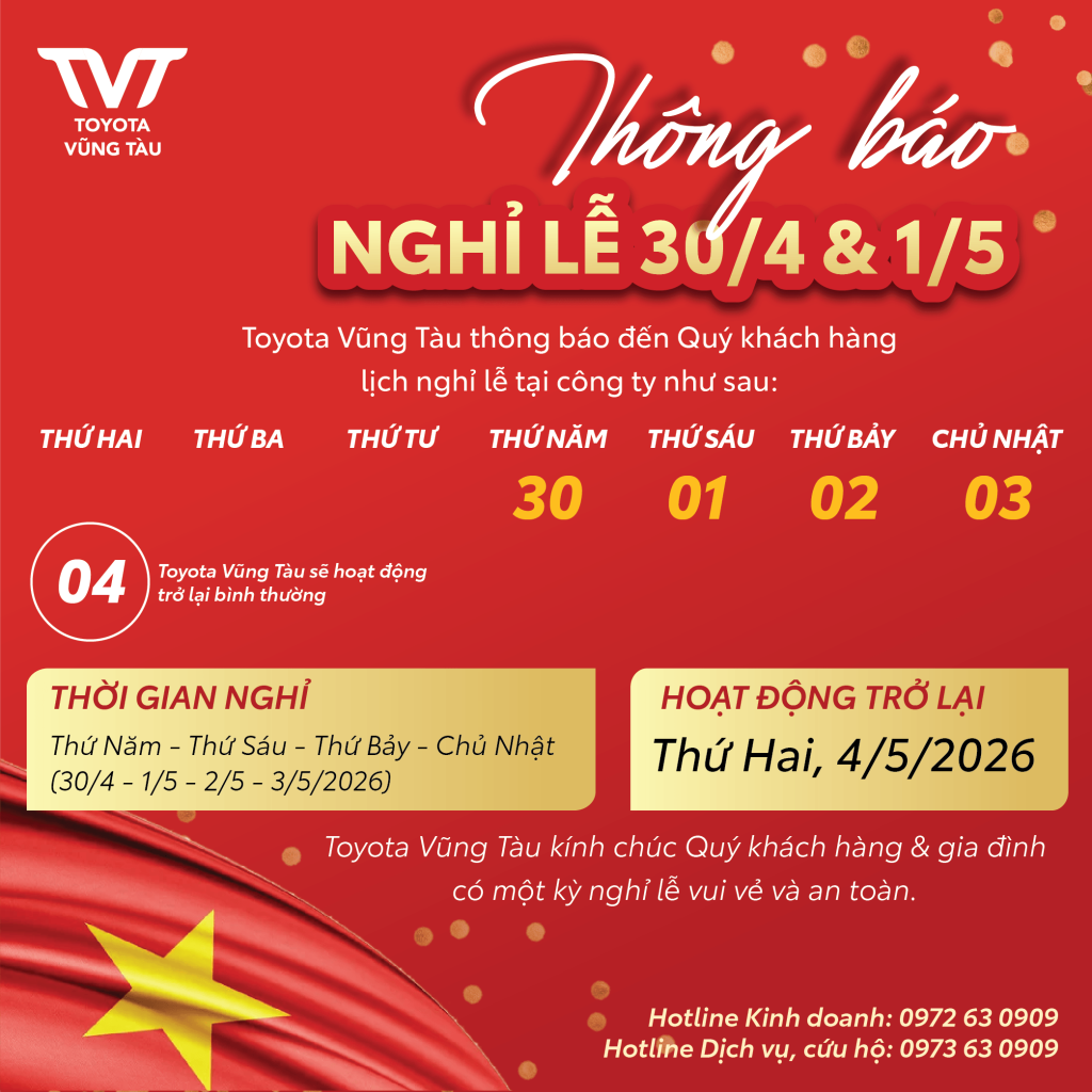 ThÔng BÁo NghỈ LỄ 30/4 1/5 TẠi Toyota VŨng TÀu