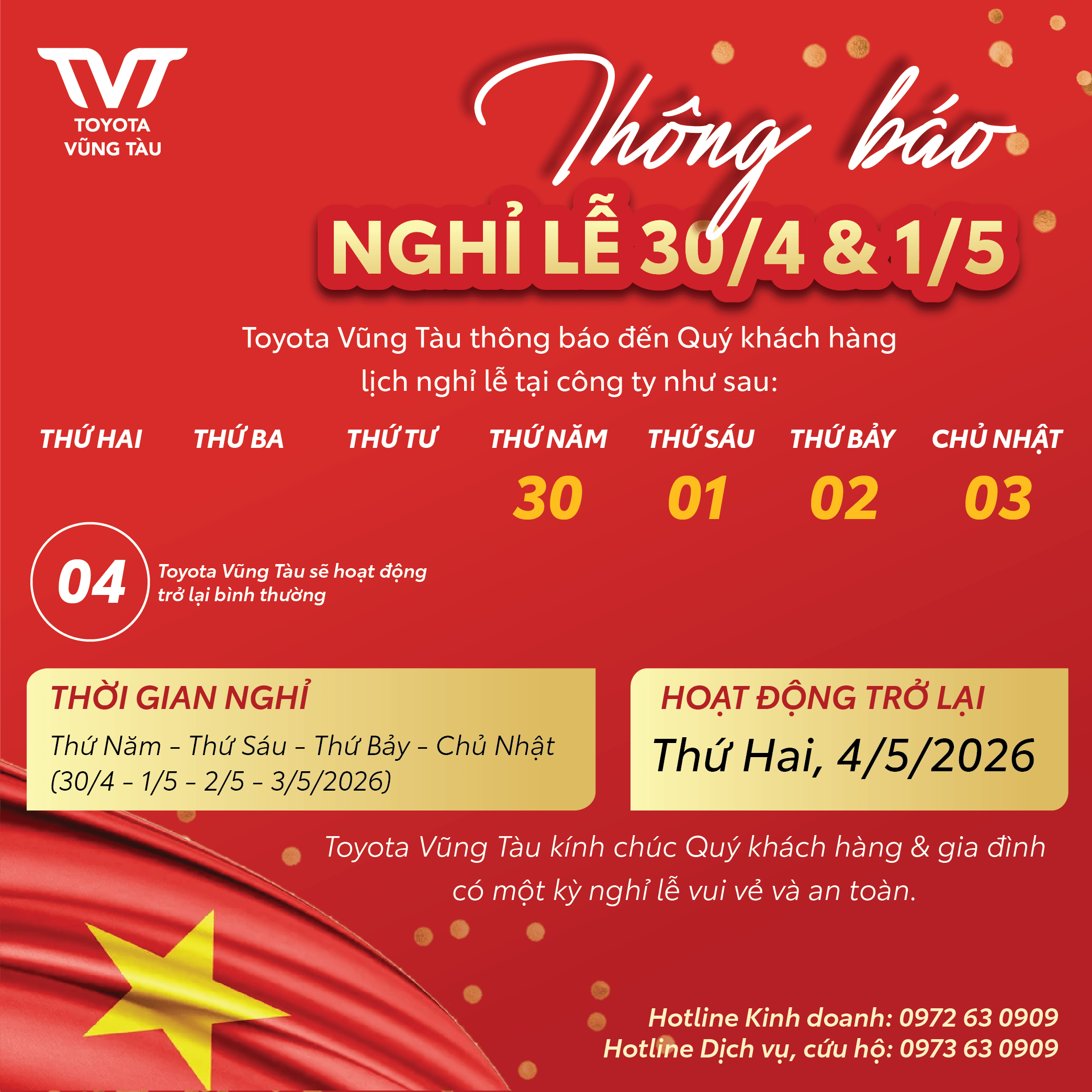 ThÔng BÁo NghỈ LỄ 30/4 1/5 TẠi Toyota VŨng TÀu