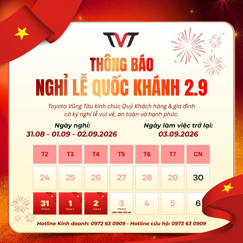ThÔng BÁo NghỈ LỄ QuỐc KhÁnh 2/9 TẠi Toyota VŨng TÀu