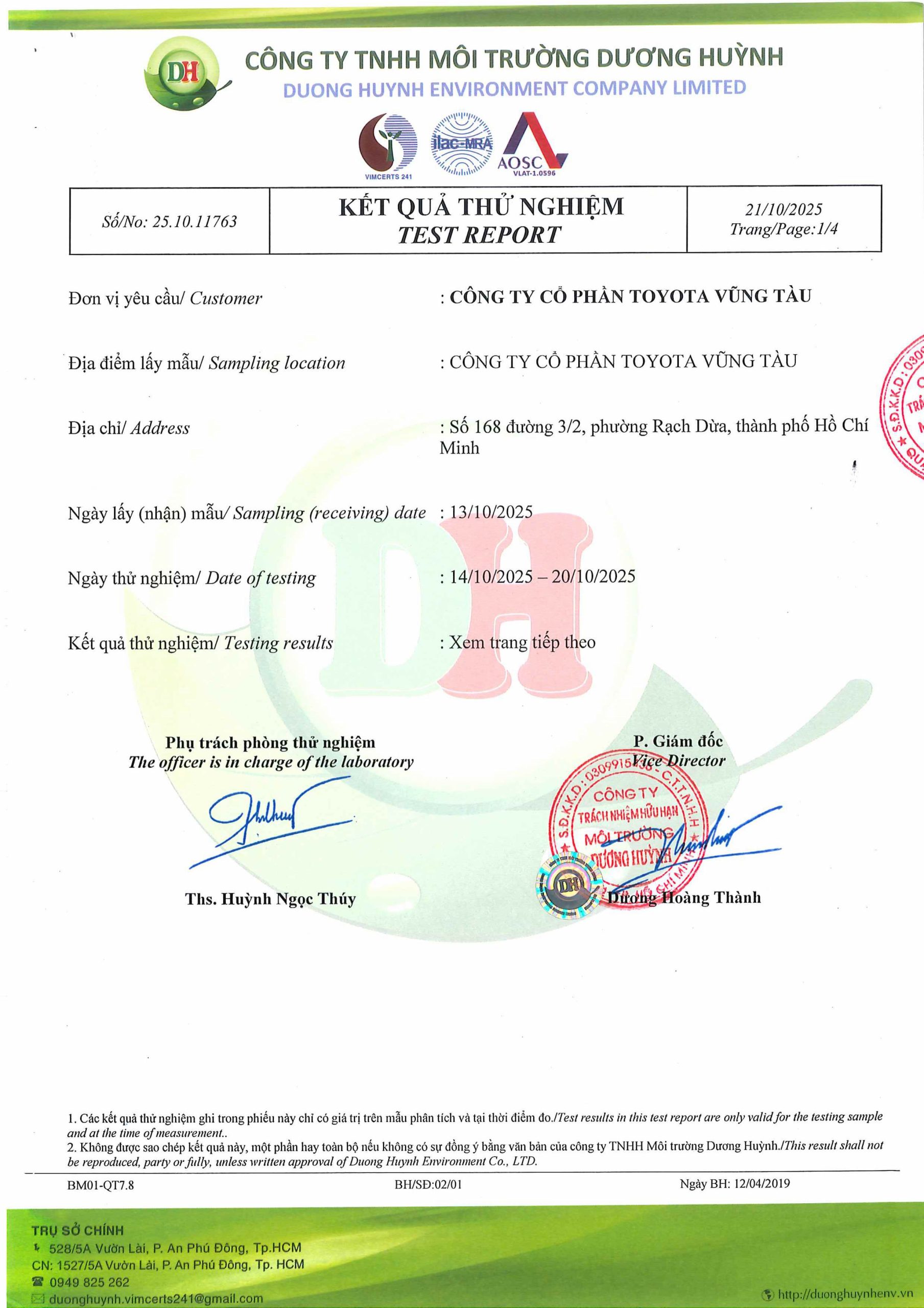 KẾt QuẢ ThỬ NghiỆm MÔi TrƯỜng CỦa Toyota VŨng TÀu NĂm 2025